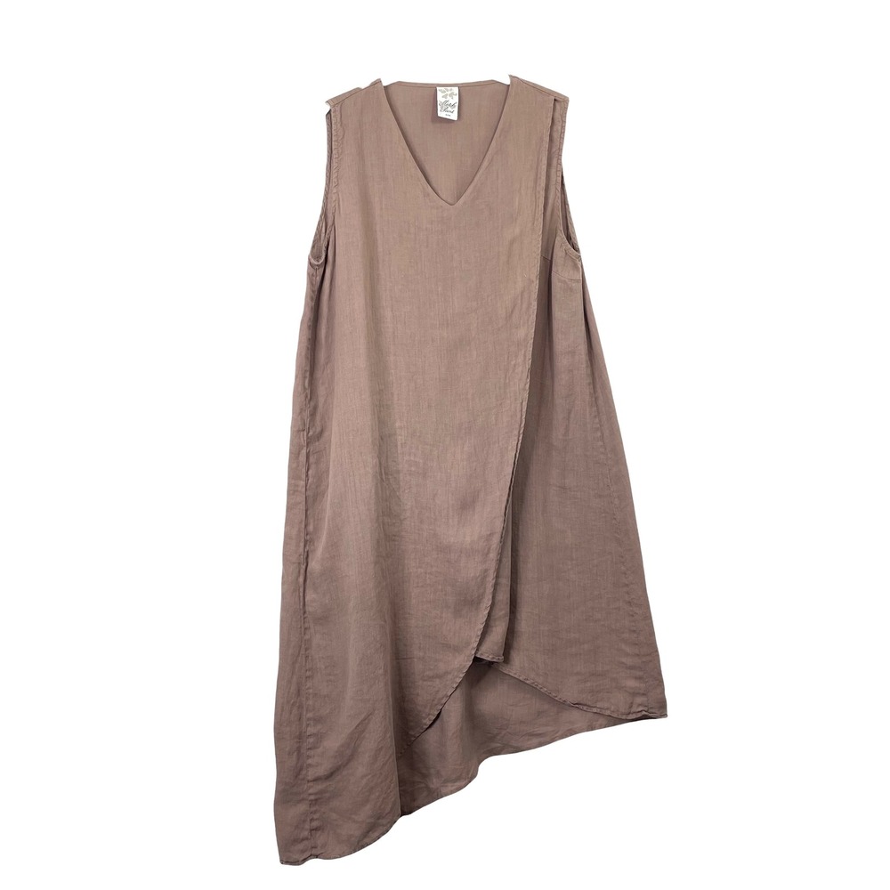 Match Point‎ 100% linen overlay midi dress Size XL brown lagenlook  asymmetric